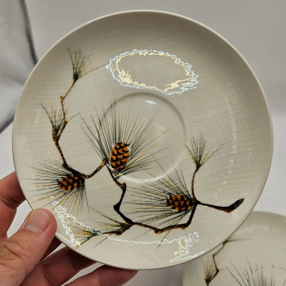 KANEDAI JAPAN CANYON PINE HAND PAINTED PINECONE SAUCER PLATES SET OF 2